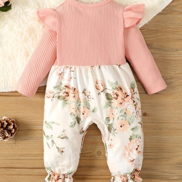 0-2-year-old newborn baby girl spring and autumn section pink shirt flower print one-piece trousers cute - Image 2
