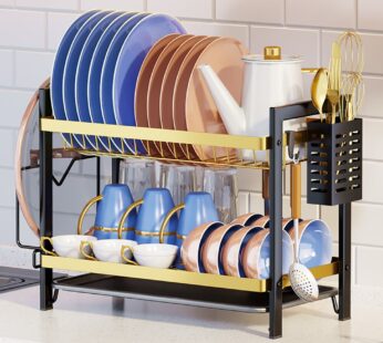 2-Tier Dish Drying Rack Multifunctional Dish Drainer Shelf Rust-Proof with Drainboard & Utensil Holder Home Kitchen Organization