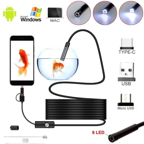 USB Endoscope 3 in 1 Industrial Endoscope HD Electric Digital Borescope Camera Portable Inspection Camera 6 Dimmable LED Light